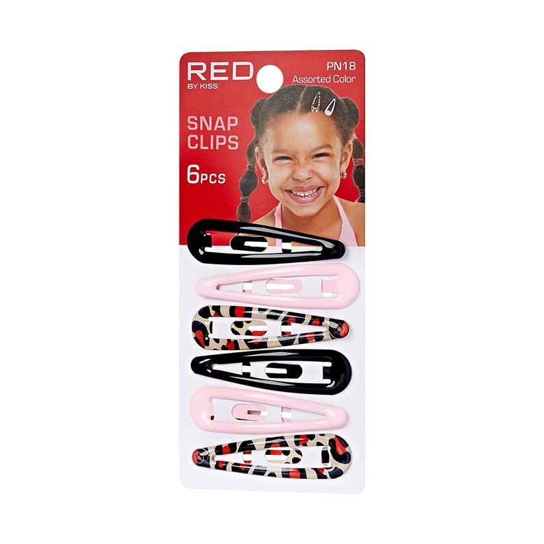 RED BEAUTY by KISS kids snap hair clips assorted colors pack of 6 black pink and leopard print