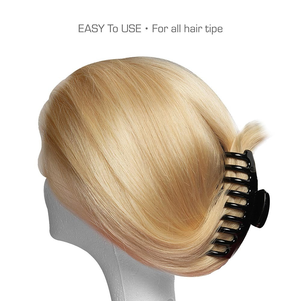 RED BEAUTY by KISS black large hair claw clip securing blonde hair bun on mannequin head for easy styling