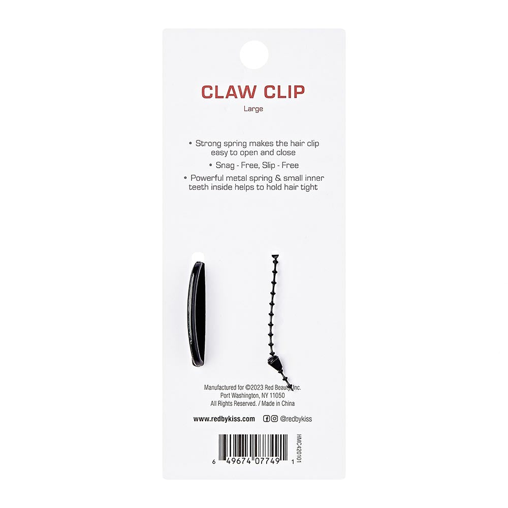 RED BEAUTY by KISS large hair claw clip in black on white product card packaging showing features text