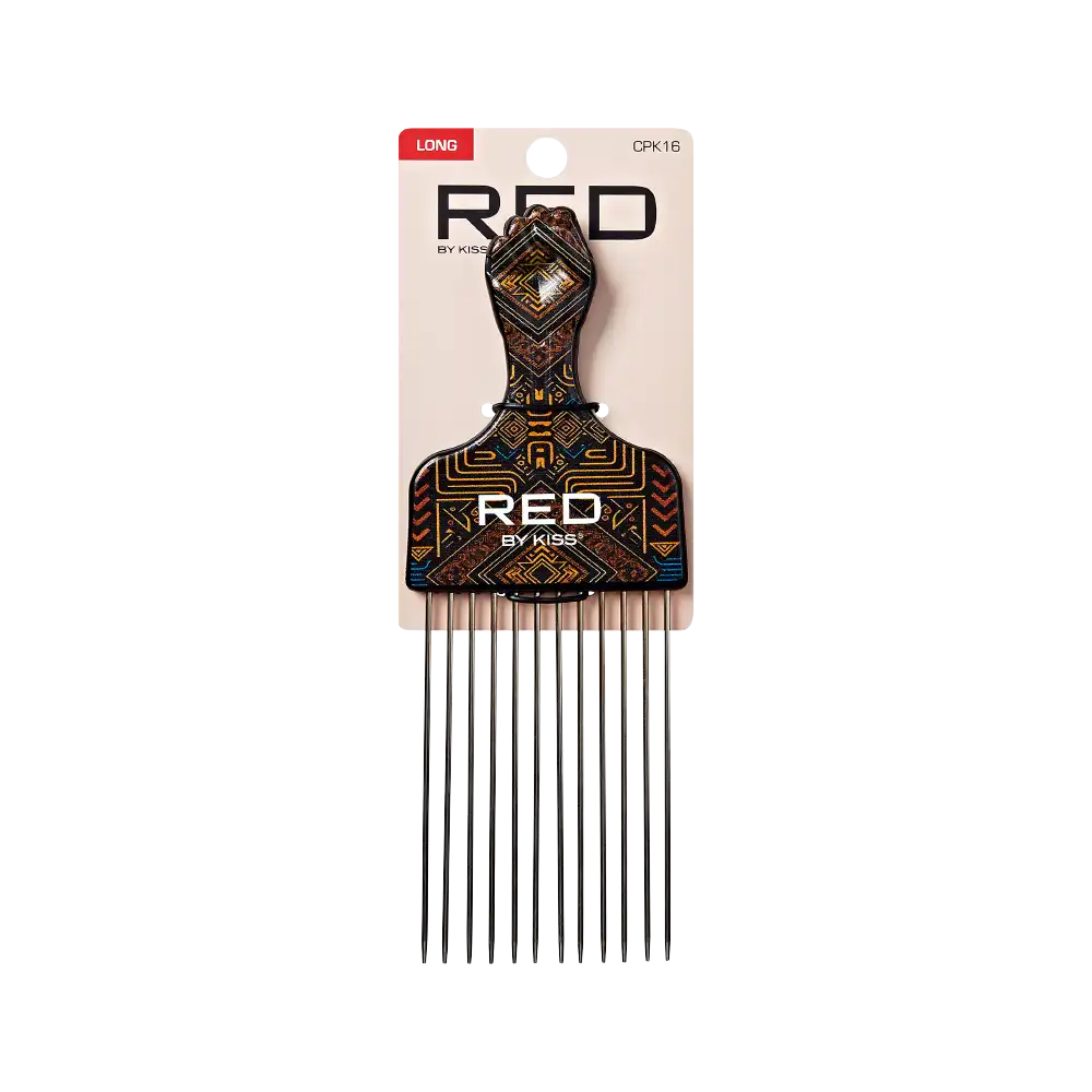 RED BEAUTY by KISS long afro pick comb with decorative tribal handle and long metal teeth for detangling