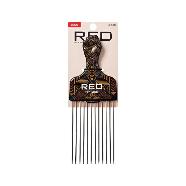 RED BEAUTY by KISS long afro pick comb with decorative tribal handle and long metal teeth for detangling