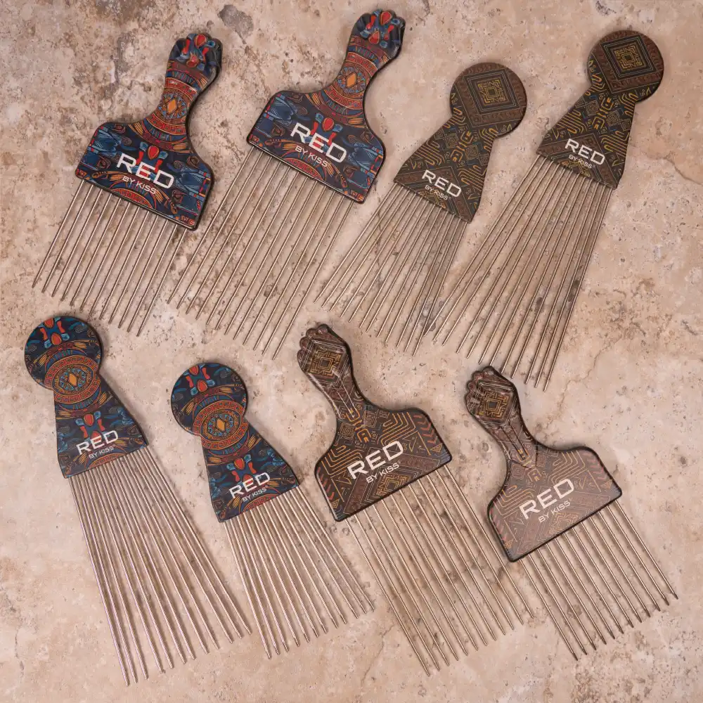 RED BEAUTY by KISS long afro pick comb set of decorative metal picks with patterned wooden style handles