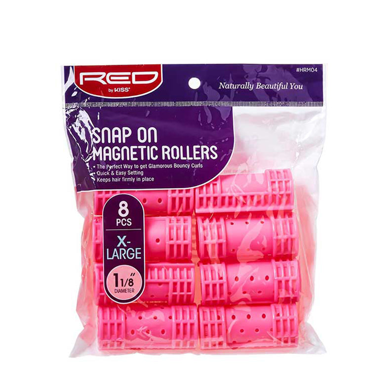 RED BEAUTY by KISS snap on magnetic hair rollers extra large pink 8 pack for voluminous curls