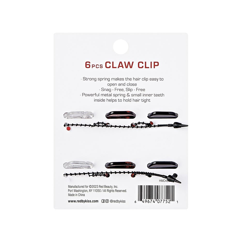 RED BEAUTY by KISS mini hair claw clips set 6 pieces clear tortoiseshell black on display card
