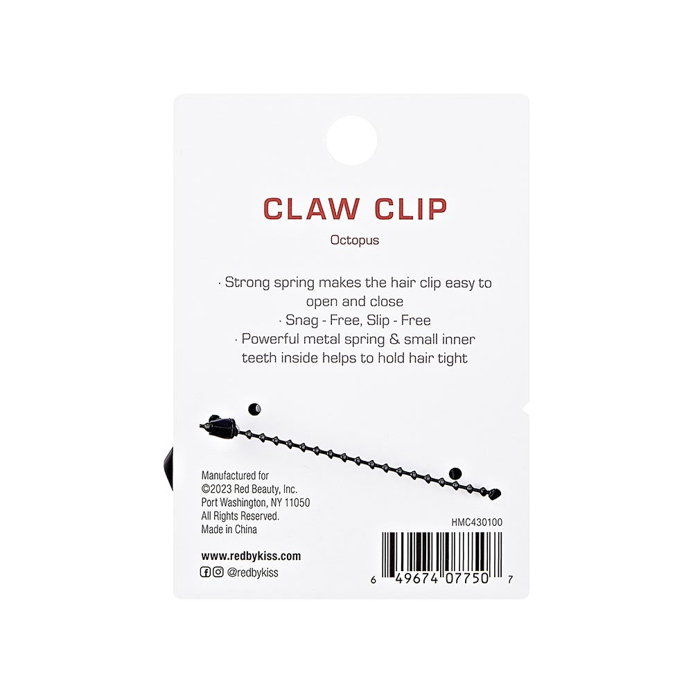RED BEAUTY by KISS packaged octopus hair claw clip on white backing card showing product features and barcode