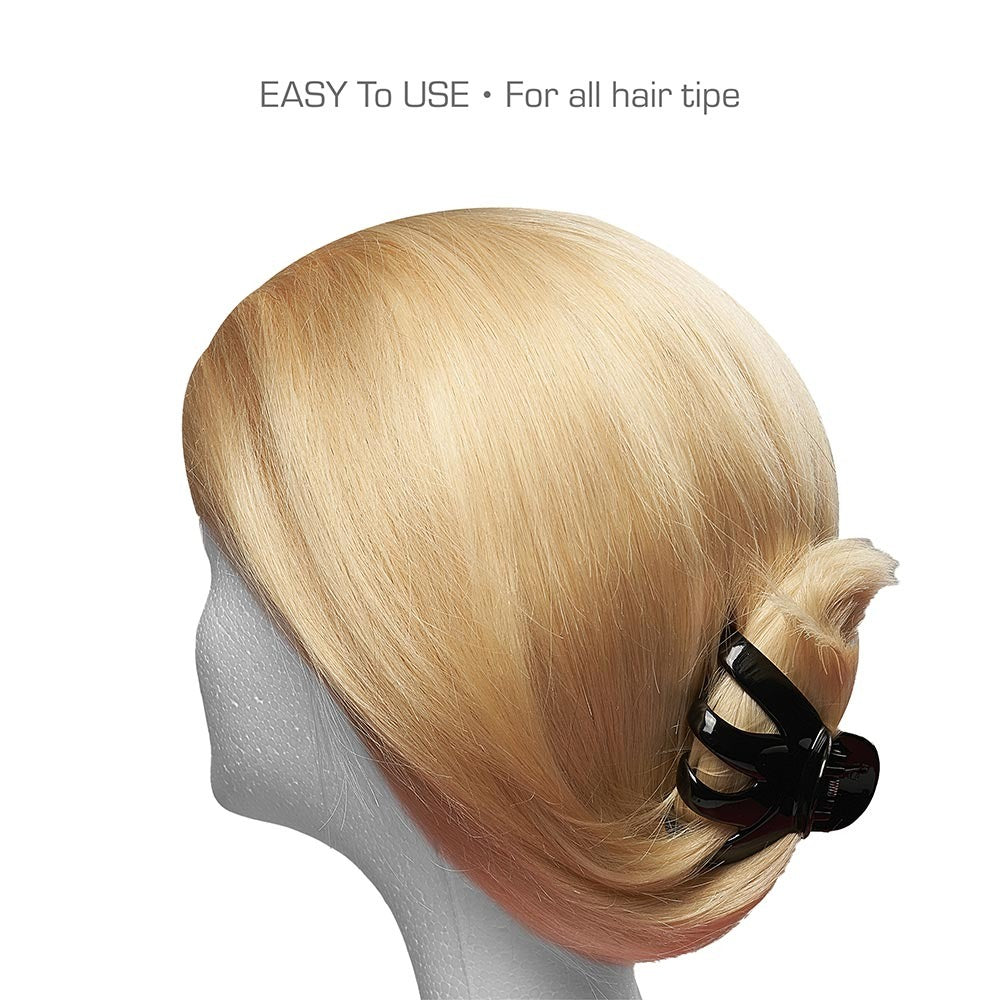 Blonde hair twisted into low bun on mannequin secured with black octopus hair claw clip for easy styling