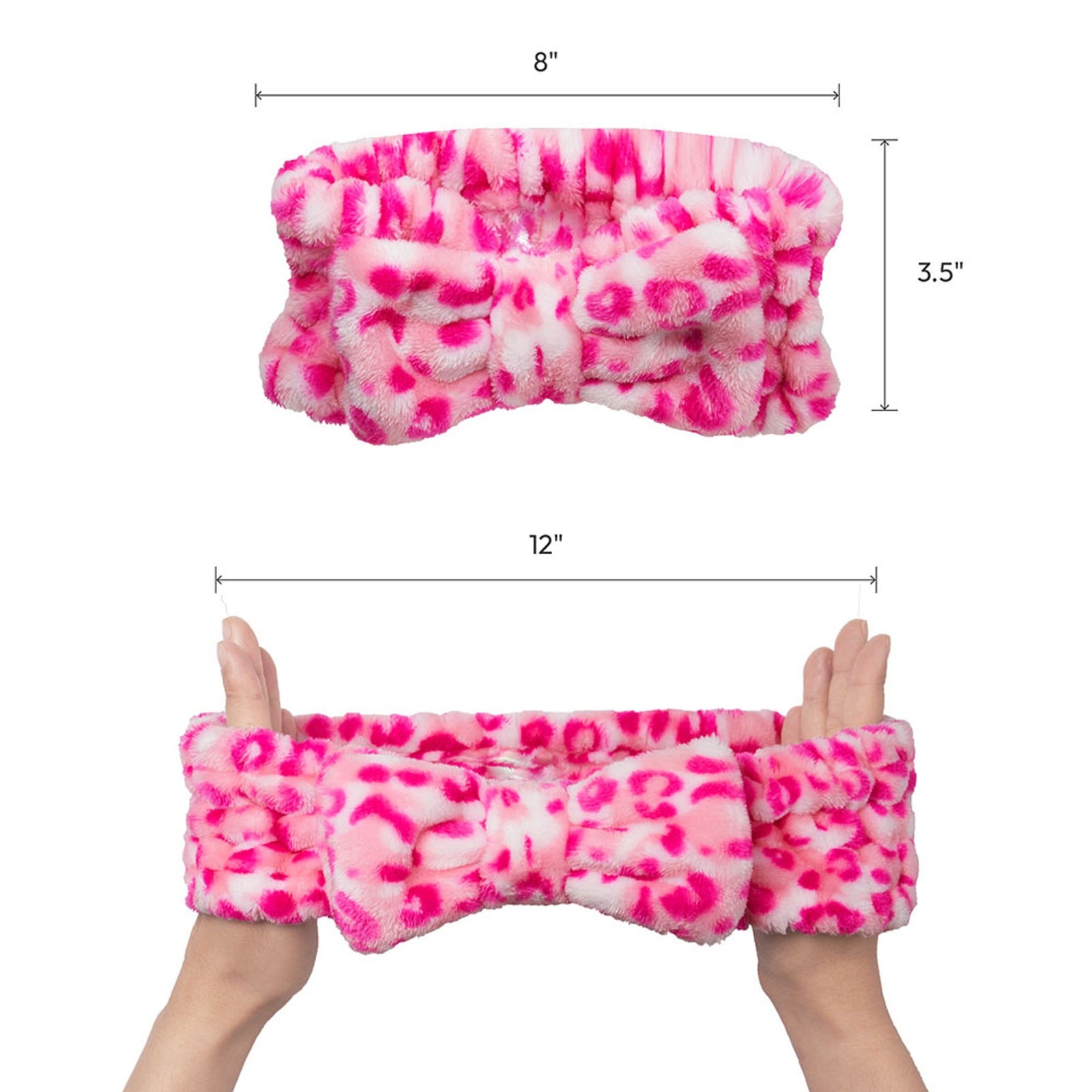 Pink leopard print plush spa headband with bow measures eight inches by three and a half inches flat and twelve inches stretched