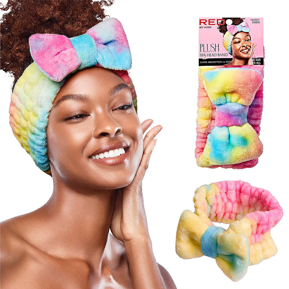 Rainbow tie dye plush spa headband with large bow worn by model and shown in packaging for skincare routines