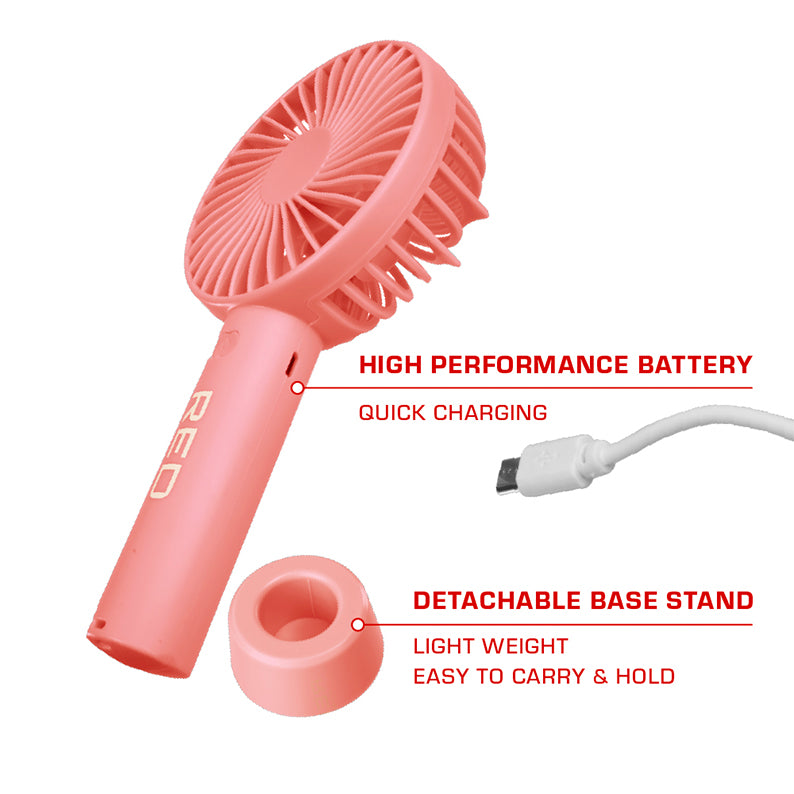 RED BEAUTY by KISS coral handheld portable beauty fan rechargeable with USB cable and detachable base stand
