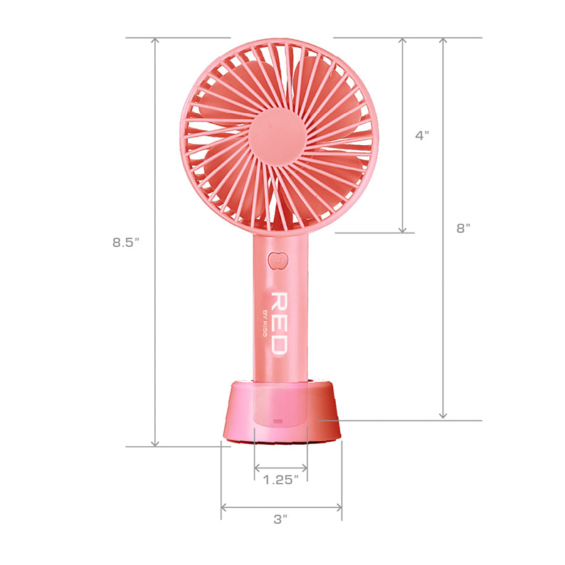 RED BEAUTY by KISS pink handheld portable beauty fan rechargeable with charging base and dimensions shown