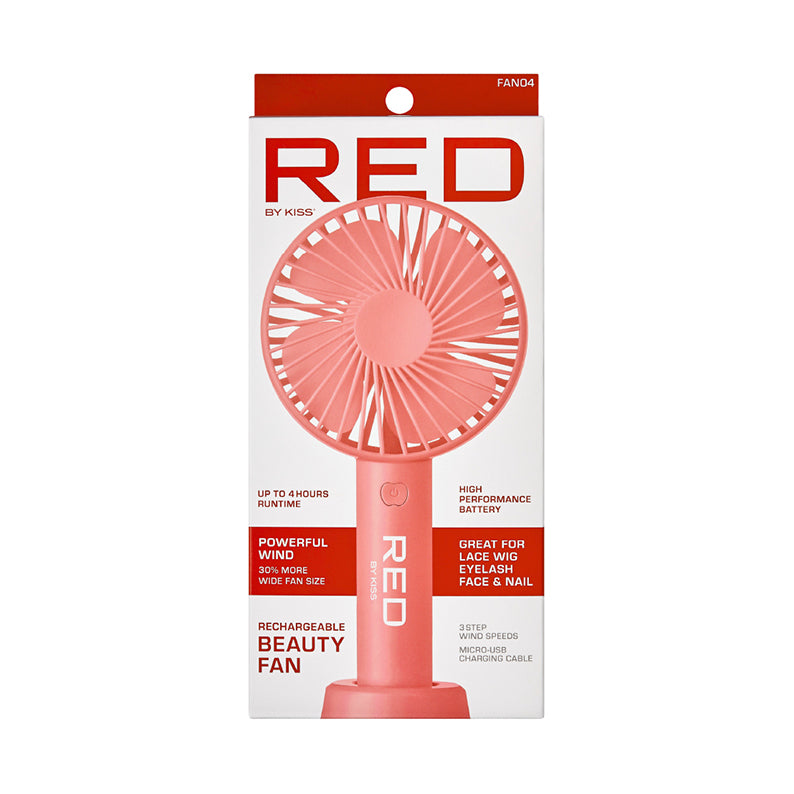 RED by KISS coral handheld fan in packaging portable beauty fan rechargeable for makeup and lashes