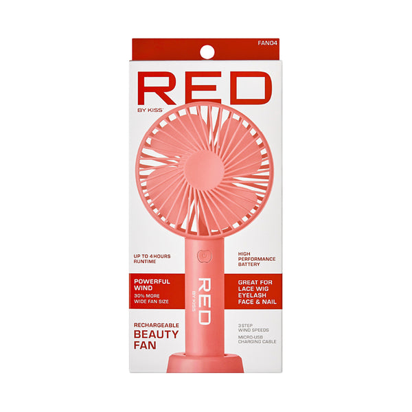 RED by KISS coral handheld fan in packaging portable beauty fan rechargeable for makeup and lashes