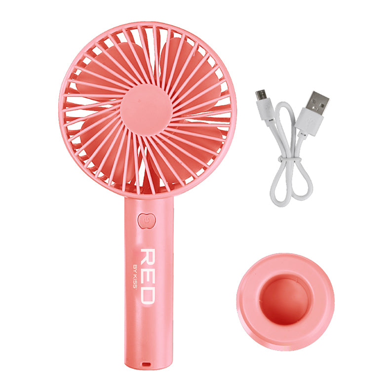 RED BEAUTY by KISS pink handheld portable beauty fan rechargeable with USB cable and round stand