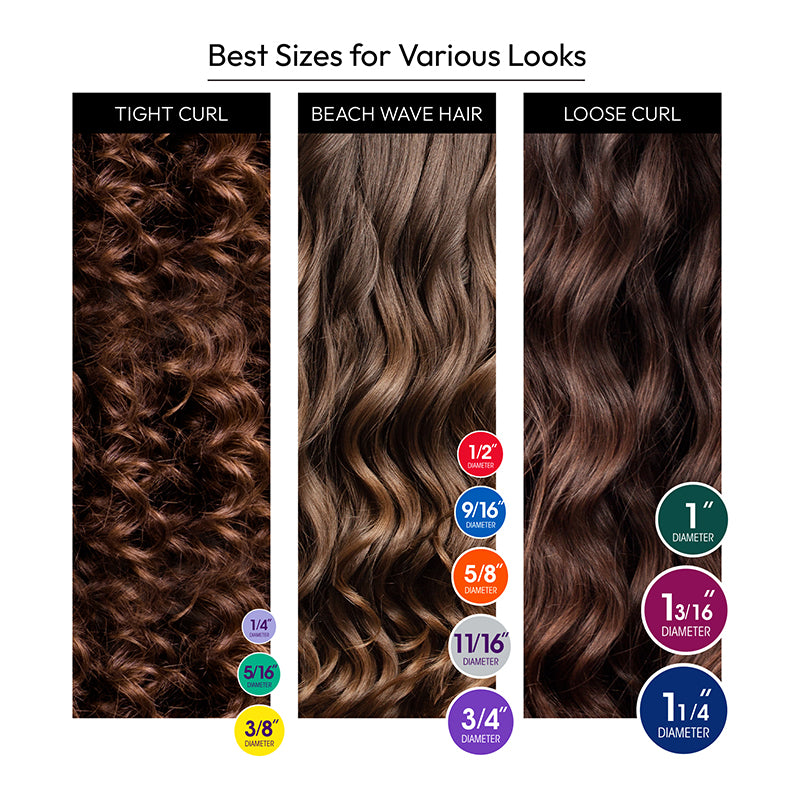 RED BEAUTY infographic showing tight curl beach wave and loose curl with size labels purple flexi rods for hair curling