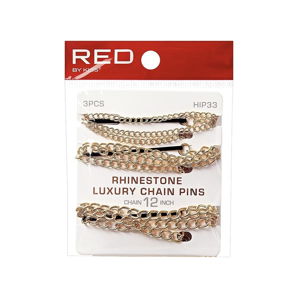 RED BEAUTY by KISS gold luxury chain hair pins set on retail card featuring rhinestone chain hair pins 3 pack