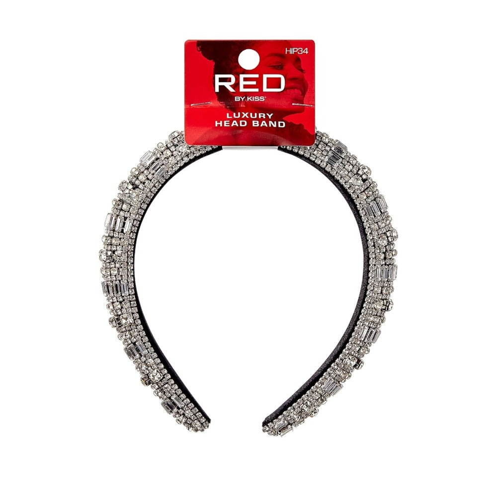RED BEAUTY by KISS luxury silver rhinestone headband with layered crystals on black padded band
