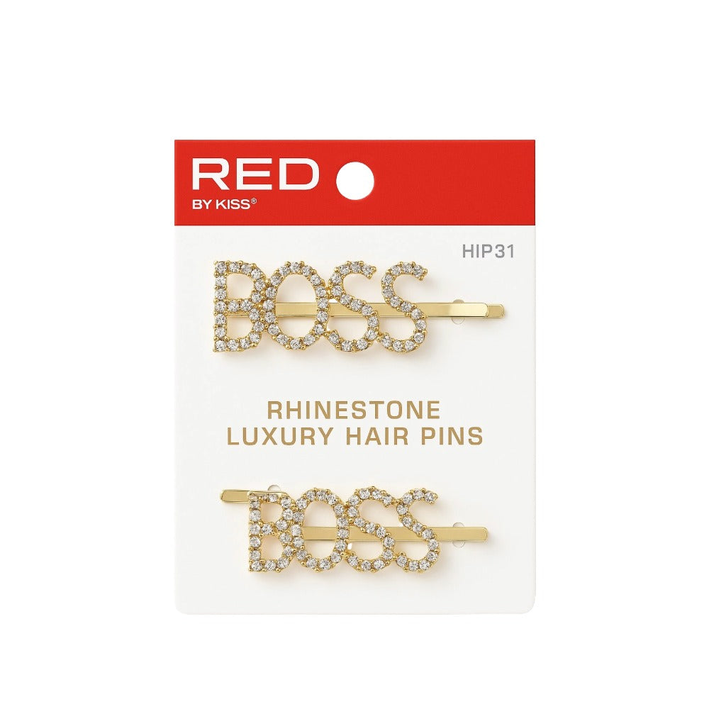RED by KISS gold BOSS hairpins on card packaging rhinestone letter bob pins luxury hair accessories