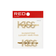RED BEAUTY by KISS gold KISS rhinestone letter bob pins set of two on card luxury hair accessories