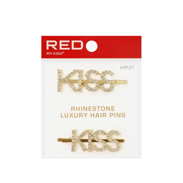 RED BEAUTY by KISS gold KISS rhinestone letter bob pins set of two on card luxury hair accessories
