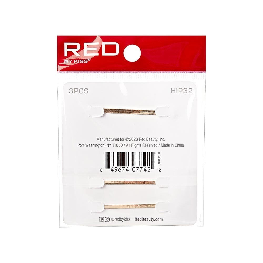 Product image for rhinestone letter hair pins showing three plain gold hair pins in RED BEAUTY by KISS packaging