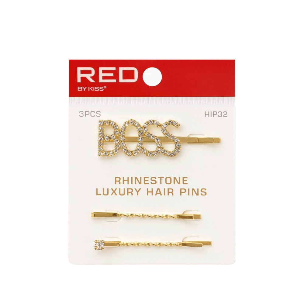 RED by KISS package of three gold tone rhinestone letter hair pins featuring BOSS script and two twisted bobby pins
