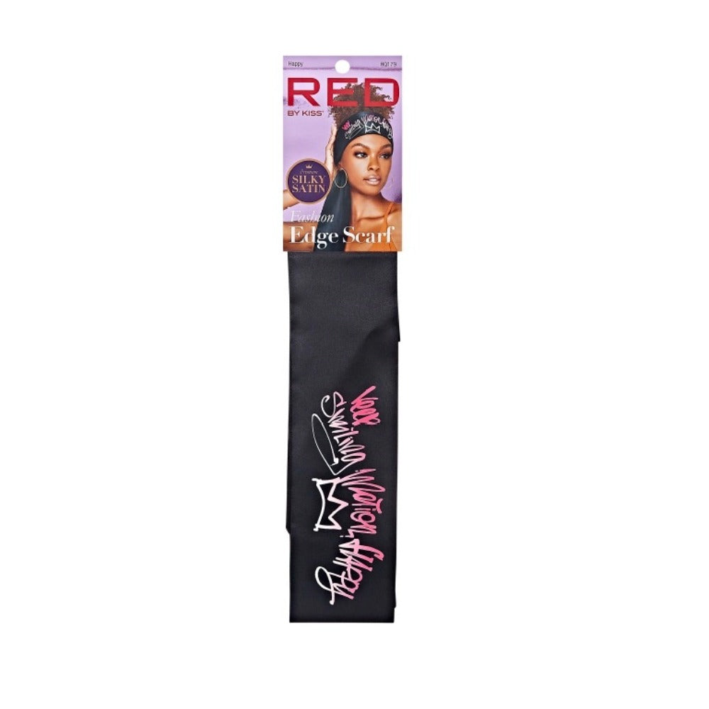 RED BEAUTY by KISS black satin edge scarf for hair with pink script logo and silky finish