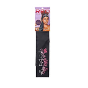 RED BEAUTY by KISS black satin edge scarf for hair with pink script logo and silky finish