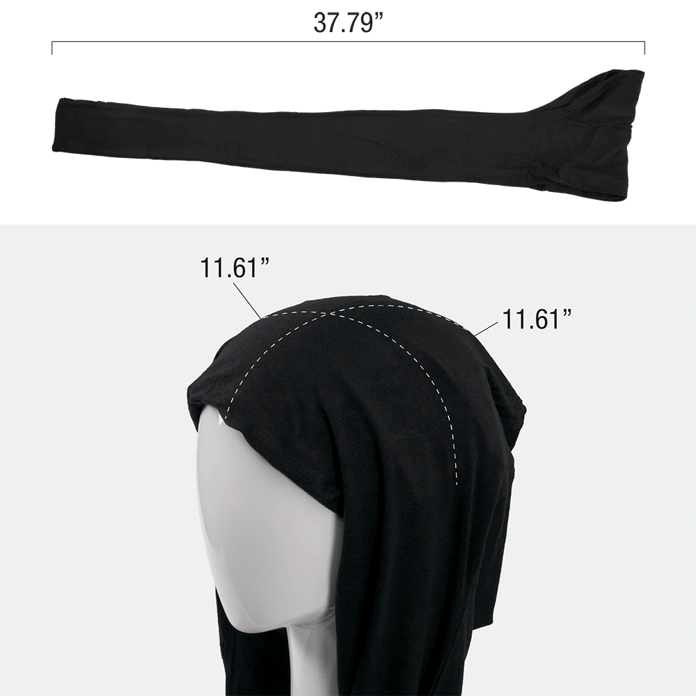 RED BEAUTY by KISS satin lined infinity turban black stretch tube with measurements shown on mannequin head