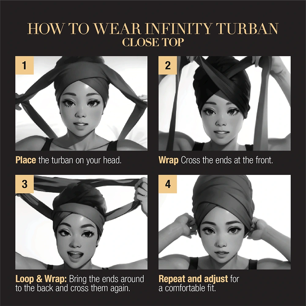 RED BEAUTY by KISS instructional collage showing model putting on and wrapping satin lined infinity turban step by step