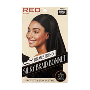 RED BEAUTY by KISS packaging showing a smiling woman wearing a black silky braid bonnet for braids satin drawstring
