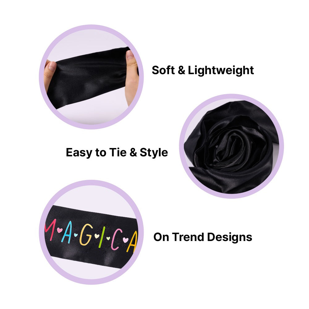 RED BEAUTY by KISS silky satin edge scarf black soft lightweight easy to tie with colorful MAGICA print