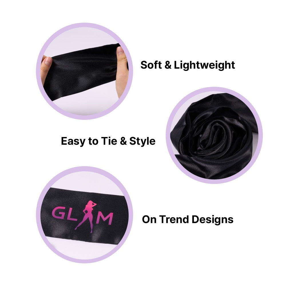 RED BEAUTY by KISS black silky satin edge scarf showing soft lightweight fabric GLAM logo and styling options