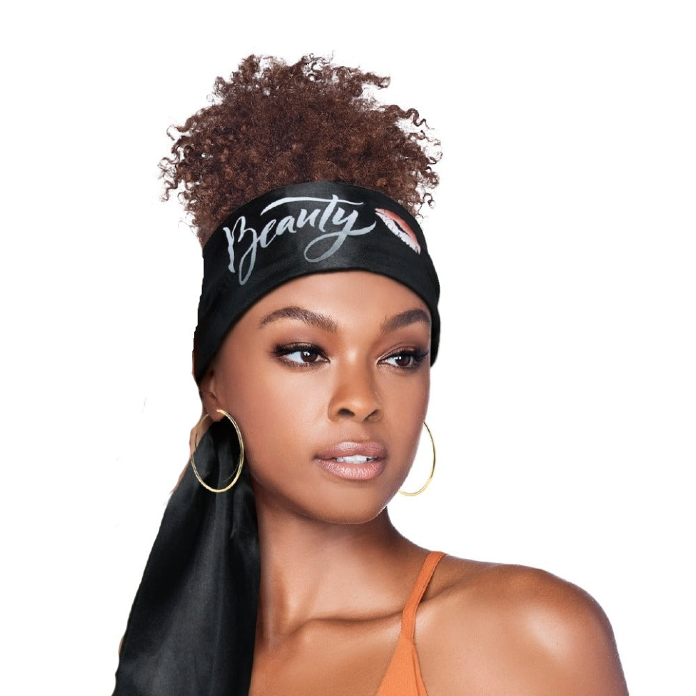 RED BEAUTY by KISS silky satin edge scarf black headwrap with Beauty script and lip print protecting edges