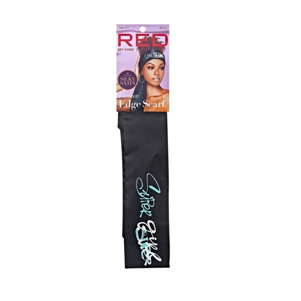 RED BEAUTY by KISS silky satin edge scarf black with teal script logo in retail packaging for hair protection and styling