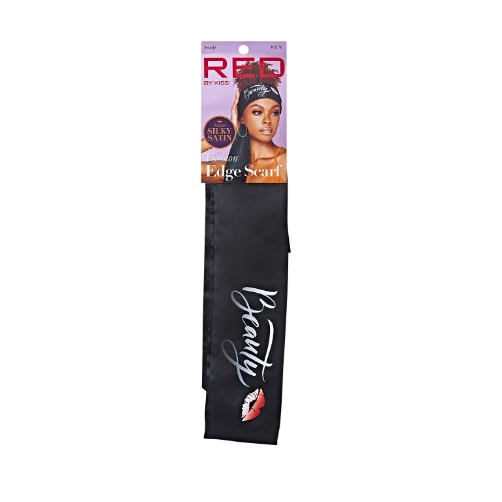RED BEAUTY by KISS silky satin edge scarf black hair wrap with Beauty script and lips logo