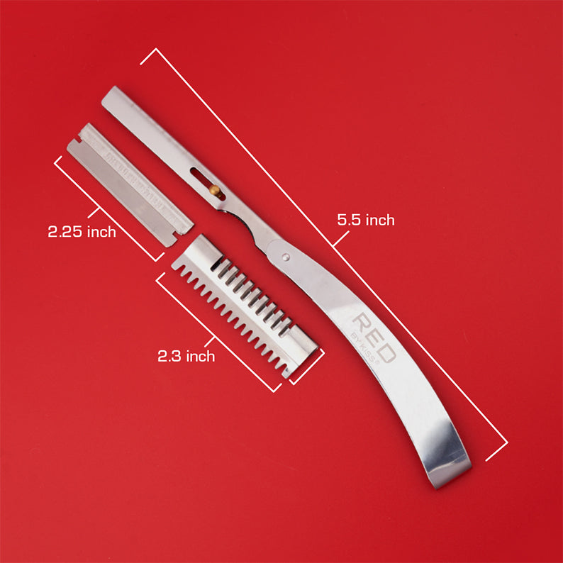 RED BEAUTY by KISS stainless steel hair shaper folding razor with detachable comb and blade on red background