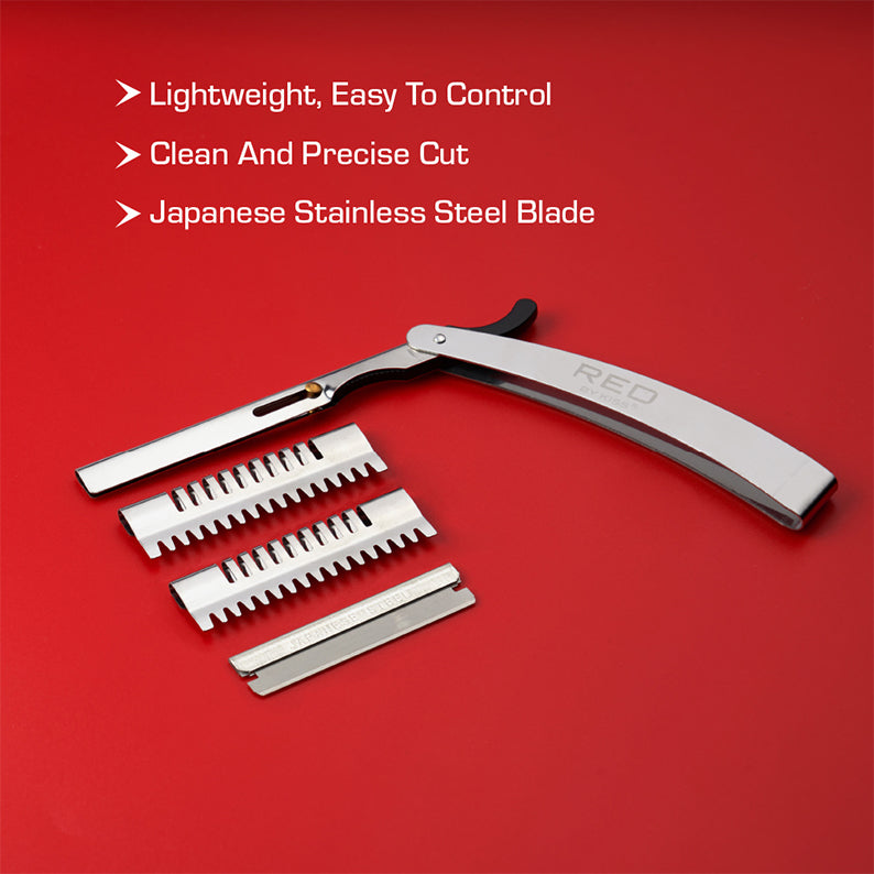 RED BEAUTY by KISS stainless steel hair shaper razor with four interchangeable comb blades on red background