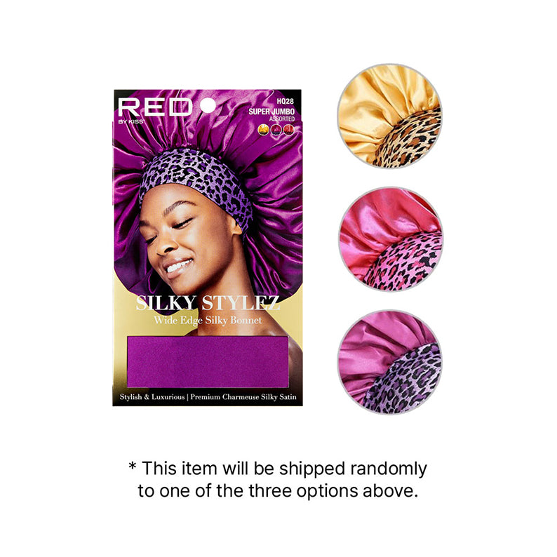 RED BEAUTY by KISS packaging showing model wearing purple super jumbo silky bonnet with three color options