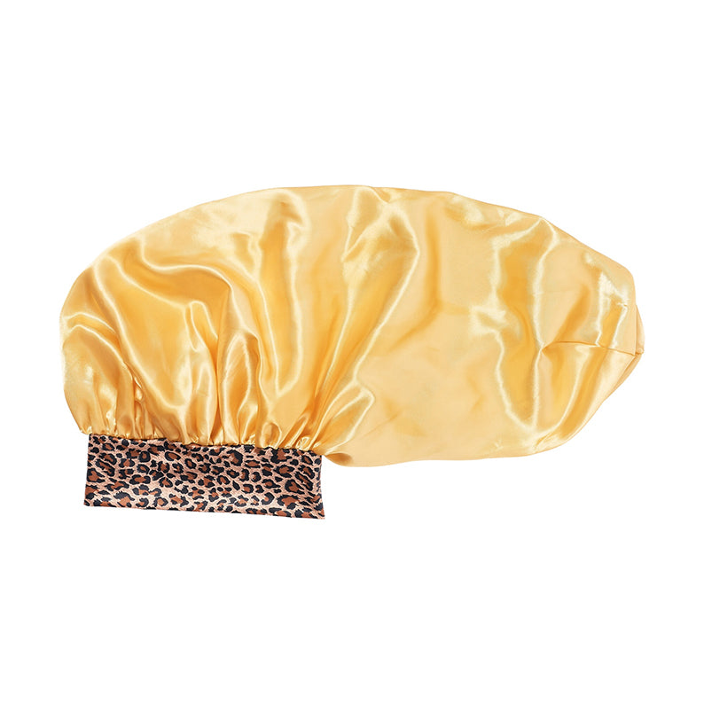 RED BEAUTY by KISS super jumbo silky bonnet for braids gold satin with leopard print elastic band for long braids