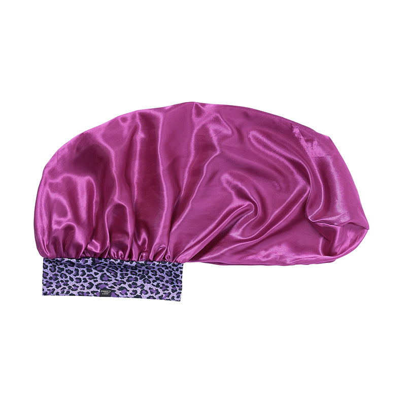RED BEAUTY by KISS super jumbo silky bonnet for braids magenta satin with leopard print elastic band
