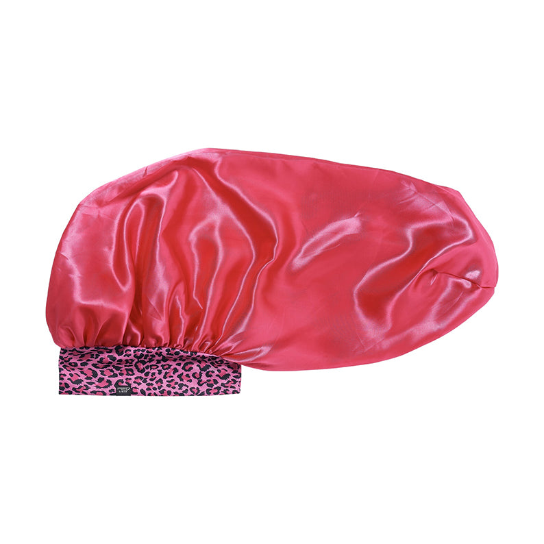 RED BEAUTY by KISS super jumbo silky bonnet for braids pink satin with leopard print elastic band