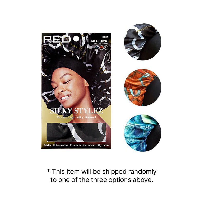 RED BEAUTY by KISS product box with model wearing super jumbo silky bonnet and three pattern options