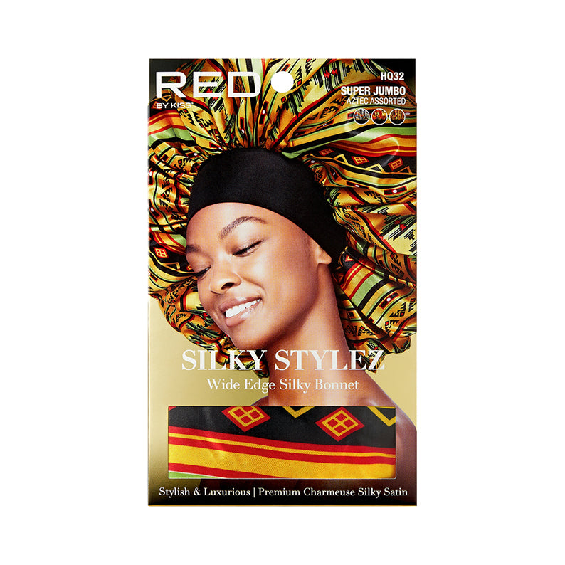 RED BEAUTY by KISS super jumbo silky bonnet with wide edge black band and colorful print