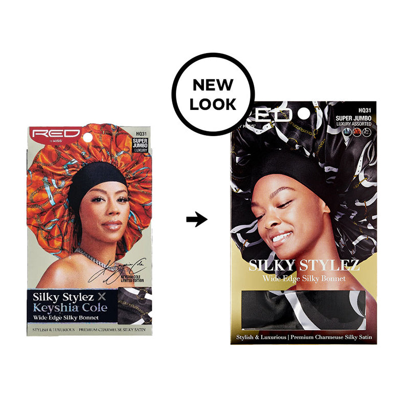 RED BEAUTY by KISS Silky Stylez wide edge super jumbo silky bonnet packaging with model smiling new look