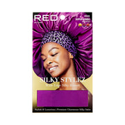 RED BEAUTY by KISS super jumbo silky bonnet purple with leopard print band packaging showing smiling model