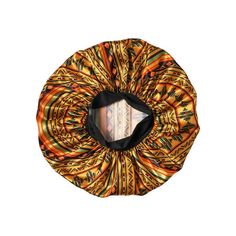 RED BEAUTY by KISS super jumbo silky bonnet gold and orange tribal print with black elastic inner band