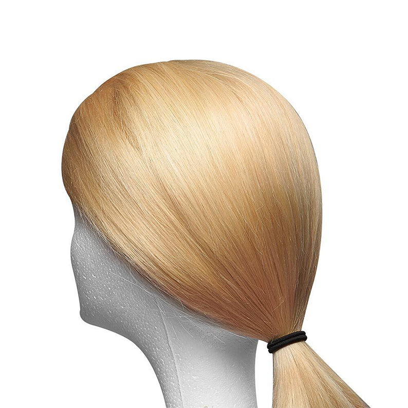 Thin black hair elastics from RED BEAUTY by KISS securing blonde hair in a low ponytail on a mannequin head