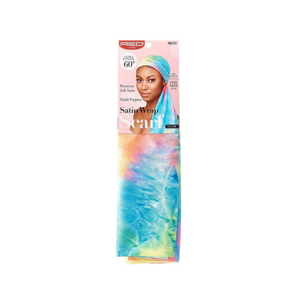 RED BEAUTY by KISS tie-dye satin wrap scarf packaging showing pastel multicolor satin scarf and model