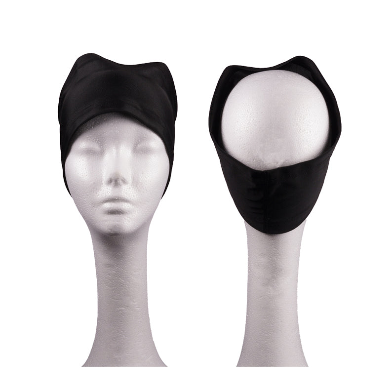 RED BEAUTY by KISS ultra stretchy dreadlock band black protective hair cap shown front and back on mannequin head