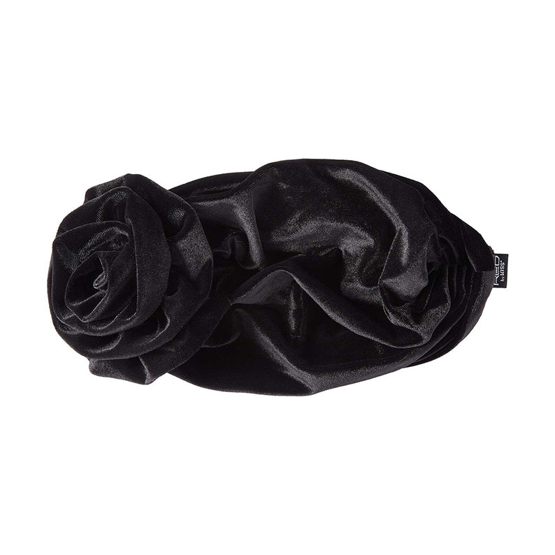 Black velvet satin lined turban with decorative side rose detail by RED BEAUTY by KISS